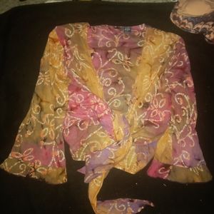 Rainbow batik boho bell sleeved crop top sz med